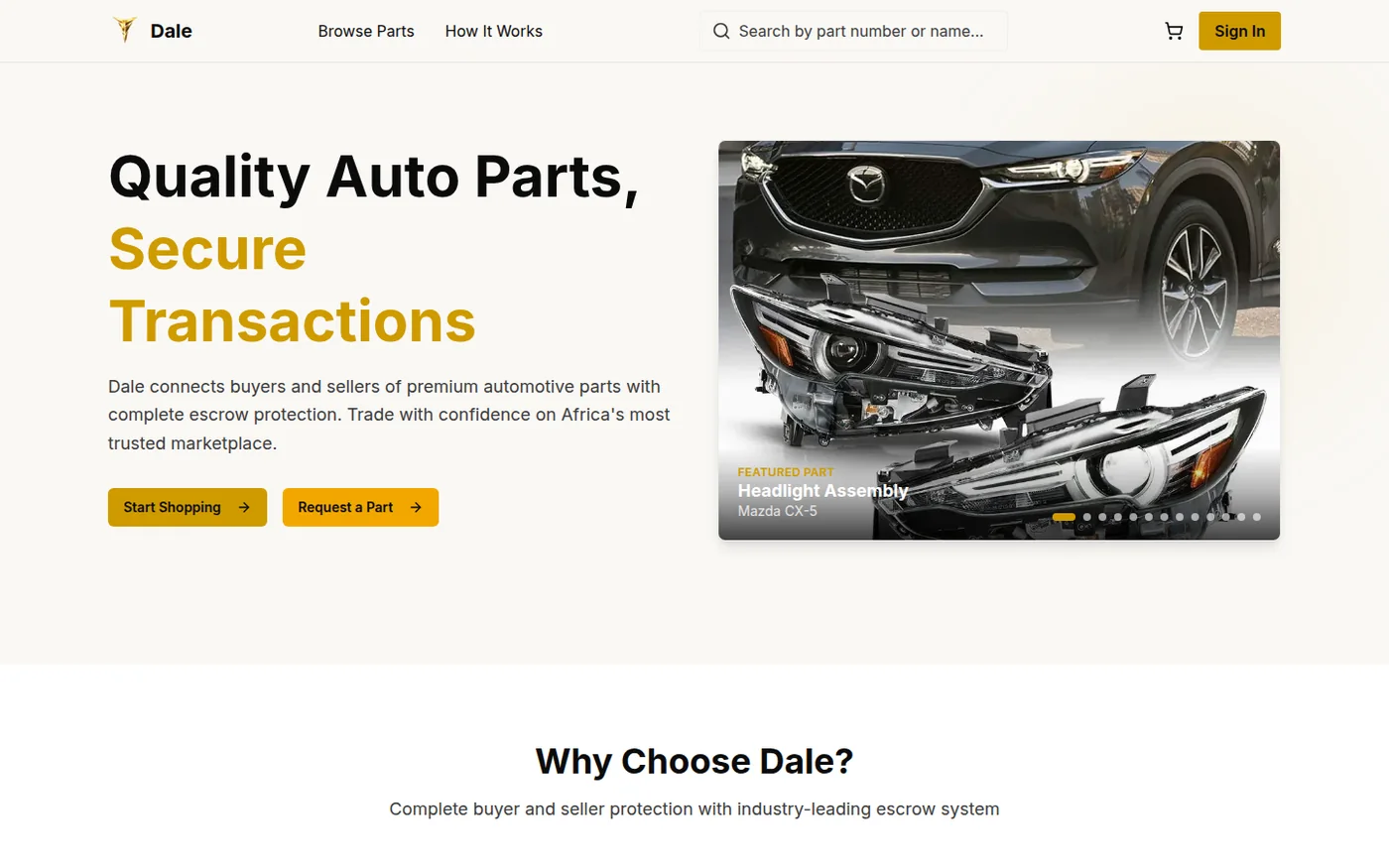 The Dale Marketplace homepage, showing car parts listed with escrow protection