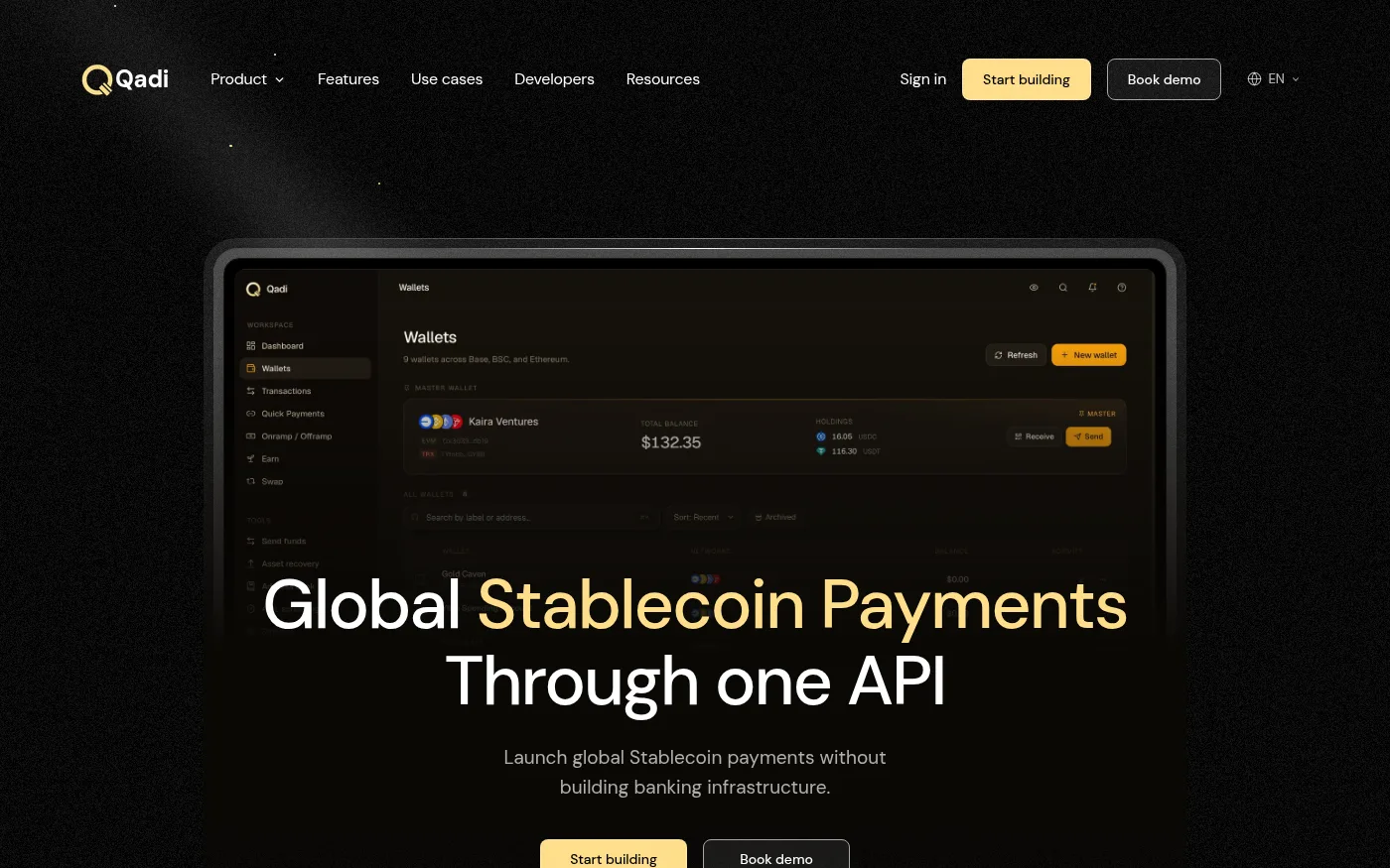 The Qadi homepage, a stablecoin payments API