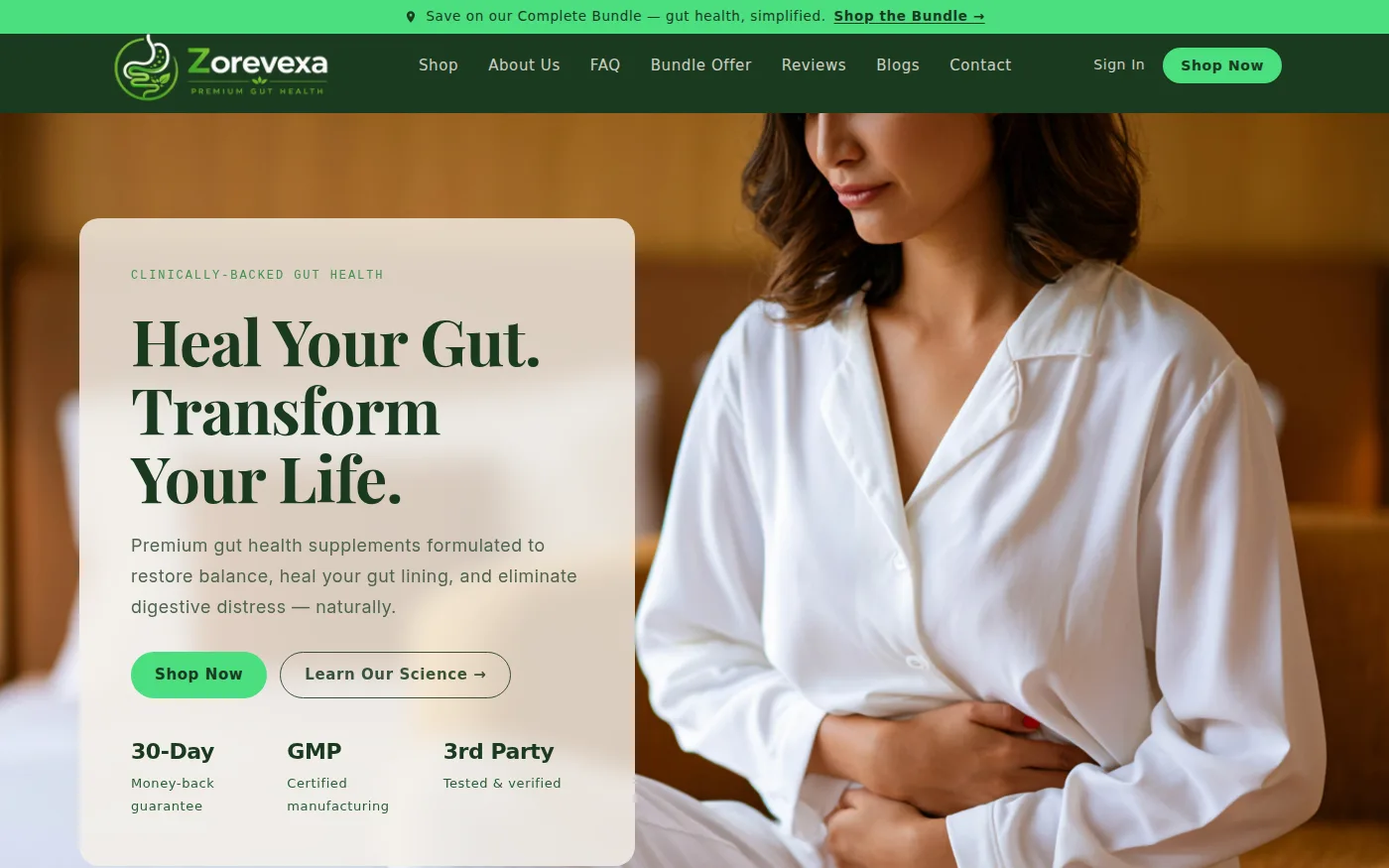 The Zorevexa storefront, a premium gut health supplement brand